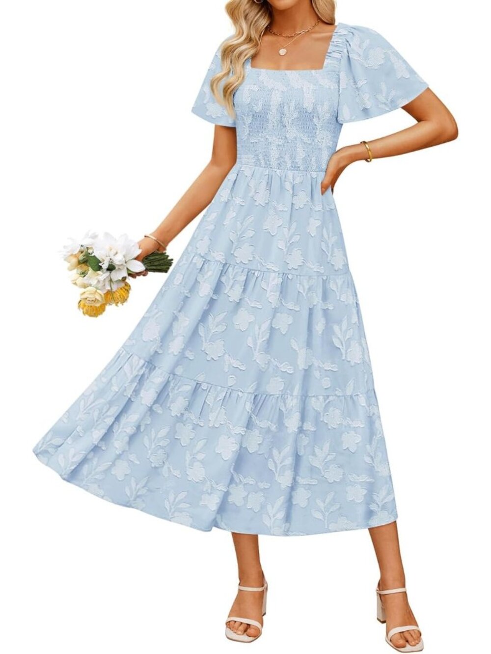 Women's Blue 2026 Summer Casual Boho Short Sleeve Wedding Guest Midi Dresses